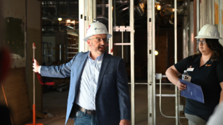 Photo: Dr. Blanton leads the Leadership Guymon group on a tour of the Student Union renovation.